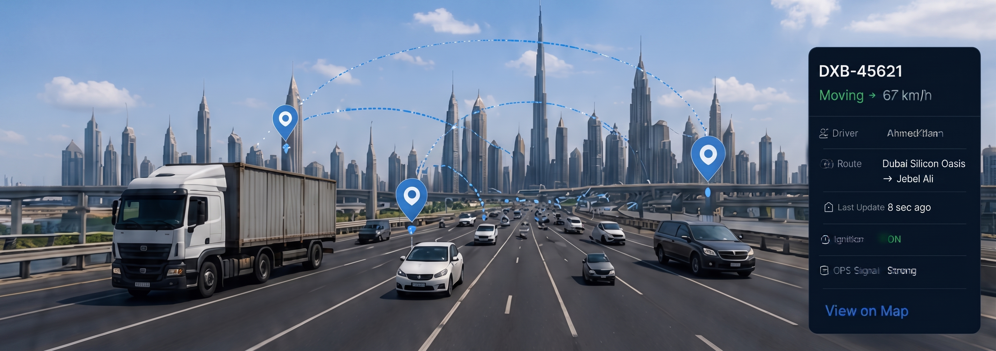 Realistic GPS fleet tracking visual in Dubai