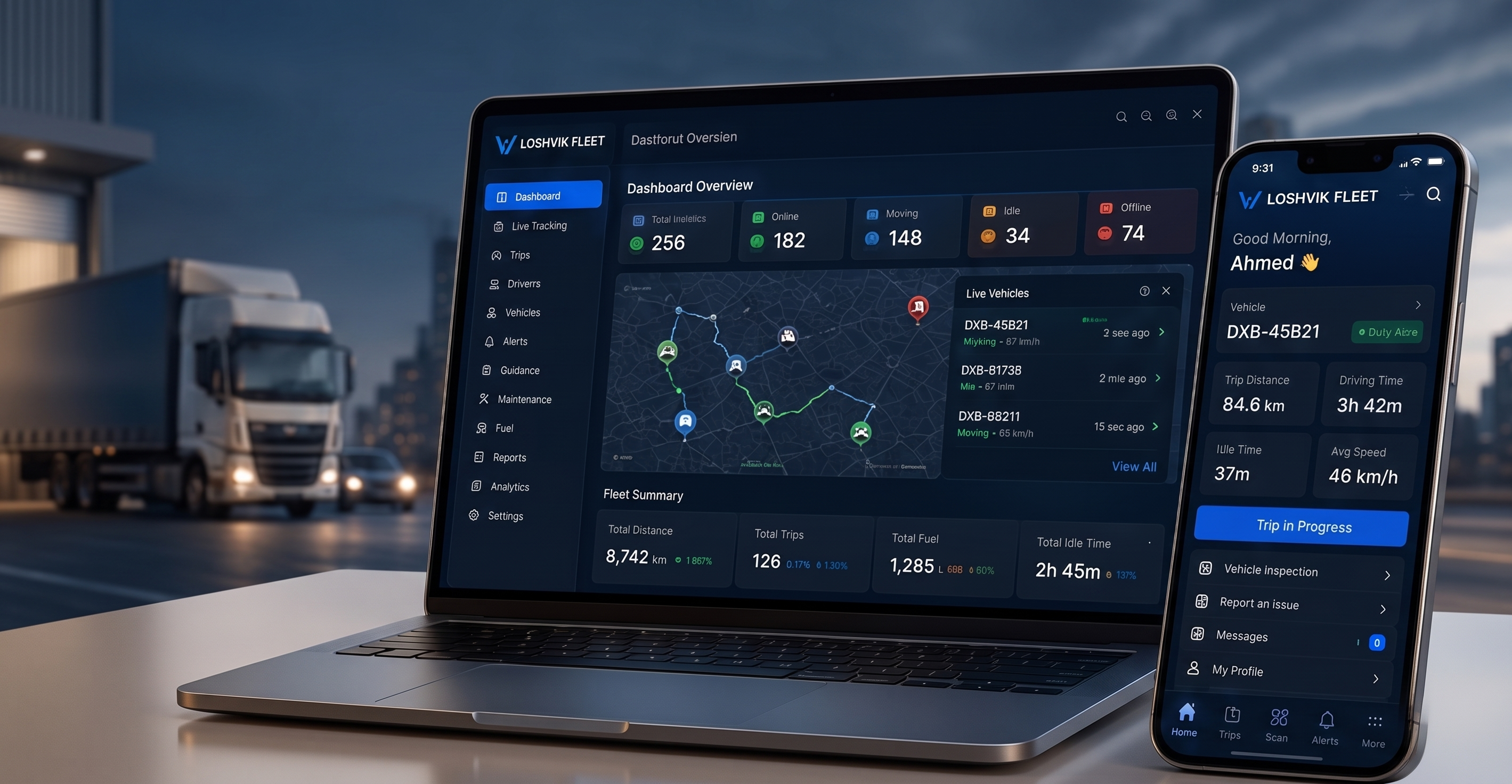 Loshvik Fleet web dashboard and mobile application preview