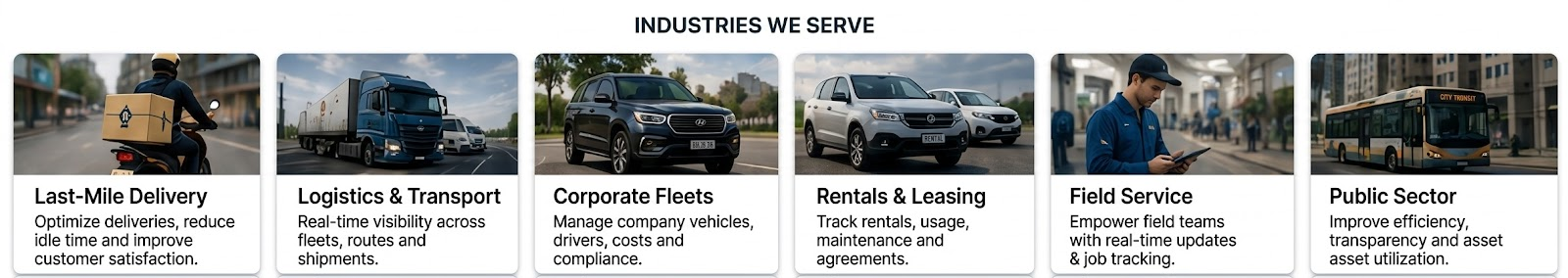 Fleet industries including delivery, logistics, corporate fleets, rentals, field service and public transport
